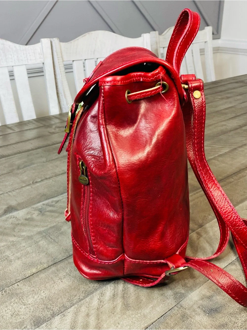 Vera Pelle Italian Red Leather Mini Backpack Vintage Drawstring Flap Bag Italy